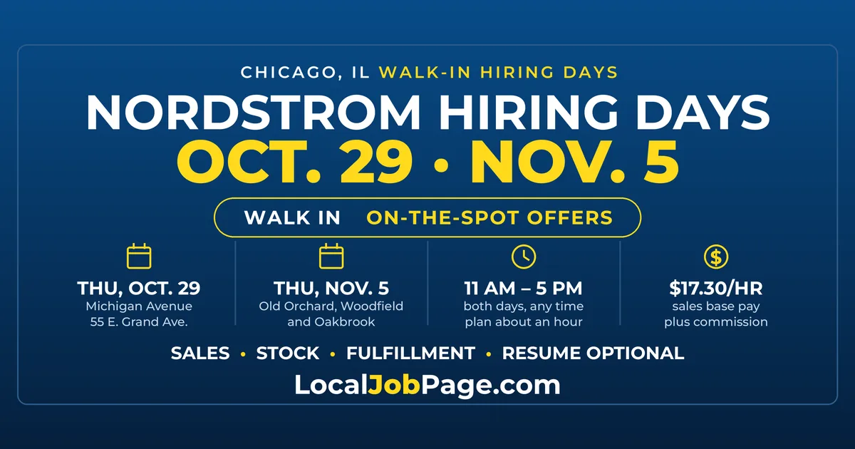 Nordstrom Hiring Days Around Chicago: Michigan Avenue Oct. 29, Suburbs Nov. 5